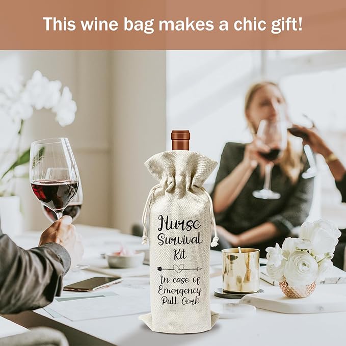 Nurse Wine Gift Bags, Nurse Gifts for Nurse Practitioner RN Nursing Student, 1pcs Nurse Survival Kit Reusable Burlap Wine Gift Bags for Wine Bottles, Nurse Week Graduation Holiday Party Favor -13