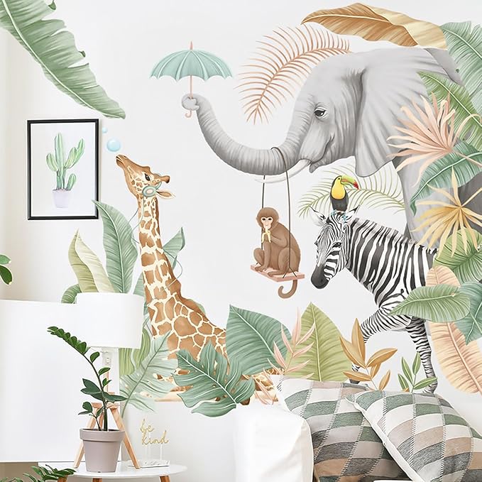 Jungle Animals Wall Stickers Wildlife Giraffe Elephant Monkey Zebra Wall Decals Tropical Plants Wall Decor for Kid Girl Baby Room Stickers Peel and Stick Wall Art Home Decor Living Room Bedroom
