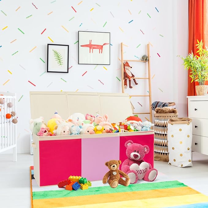 Large Toy Box Chest with Lid, Oxford Collapsible Sturdy Toy Storage Boxes Bins Baskets for Boys, Girls, Closet, Playroom, Nursery Room, 39"x15.5"x13" (Pink & Red)