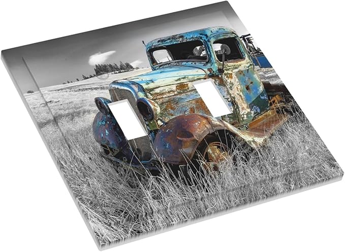 Vintage Country Old Blue Truck Double Toggle Light Switch Cover Decorative Rustic Automobile 2 Gang Wall Plate Electrical Faceplate Switchplate for Bathroom Bedroom Living Room Decor