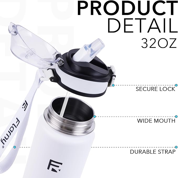 32 oz Insulated Water Bottle with Straw, Stainless Steel Metal Thermos Bottles, Durable Non-Slip Gradient Bottle with Strap for Sports and Travel, Leak Proof (White Matte)