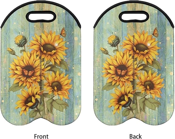 doginthehole Wood Sunflower Champagne Carrier Bag 2 Bottle Insulated Wine Tote Cooler Bag with Handle Neoprene Wine/Water Bottle Holder for Travel