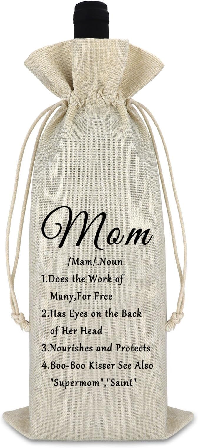 Funny Birthday Gift for Mom Wine Bags Mom Gift for Mom from Daughter Son Mother's Day Gift Thank You Gift for Mother Inspirational Christmas Easter Gift for Women Stepmom Burlap Wine Wrap Bag