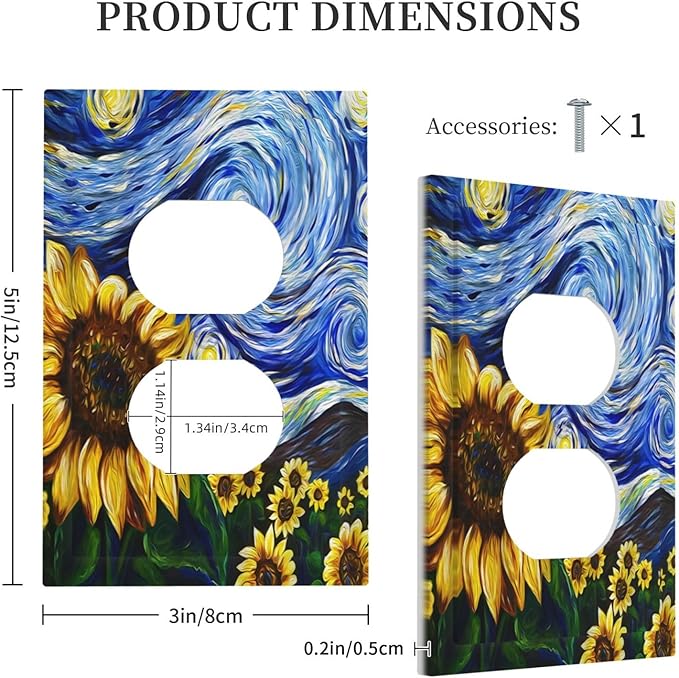 Vintage Abstract Blue Starry Sunflower Single Duplex Wall Plate Covers Light Switch Cover 1 Gang Outlet Plate Decorative Switchplate Covers Electrical Faceplate for Farmhouse Country Bedroom Decor