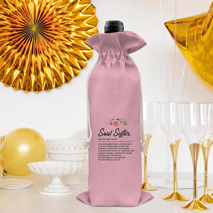 HOIJAUMAI Soul Sister Gift Friendship Gifts for Women Best Friends Soul Sister Bestie, Soul Sister Wine Bag Soul Sister Definition Wine Gift Bags for Birthday (Pink)