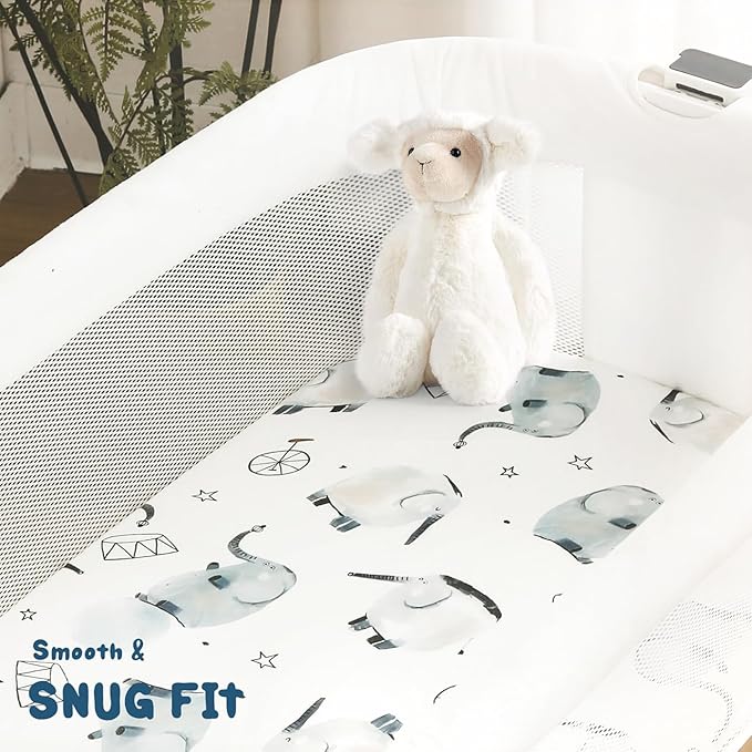 GRSSDER Stretchy Ultra Soft Fitted Bassinet Sheet Set 2 Pack, Universal Fitted for Bassinets Baby Cradle Moses Basket Oval Rectangle Mattress Safe and Snug, Cute Elephant Print