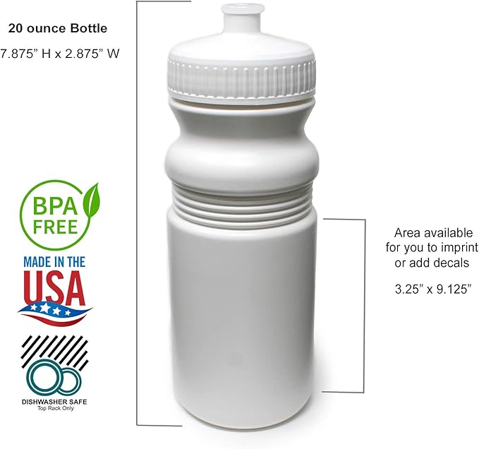 Rolling Sands 20 Ounce Sports Water Bottles 24 Pack, BPA-Free, Made in USA, Dishwasher Safe, White