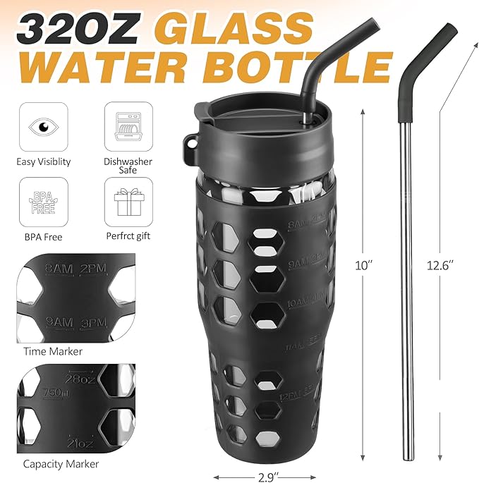 MUKOKO 32 oz Glass Tumbler with Straw,Glass Water Bottles with Time Marker,Iced Coffee Cup with 2 Lids-Handle Spout Lid&Straw Lid,Silicone Sleeve,Leakproof,1 Pack-Black