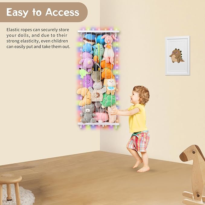 Stuffed Animal Storage Corner Plush Toys Holder with Star Pattern,Stuffed Animals Holder with LED Light,Large Corner Kids Plushies Toys Wall Hangingwith Adjustable Length for Nursery Playroom Bedroom