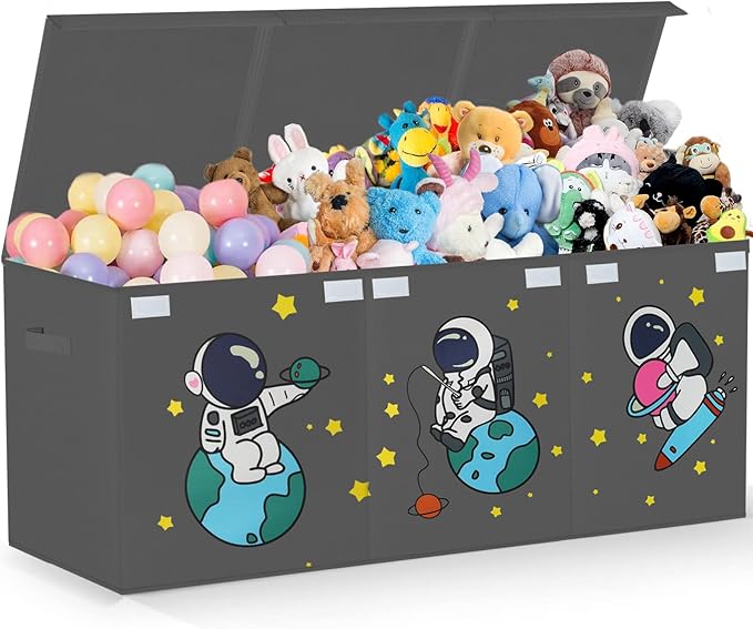 Large Toy Box Storage Organizer,Sturdy Toys Storage Chest Bin Basket with Dividers and Lids for Toddlers,Boys,Girls,Nursery,Closet,Living Room Area,Playroom(Grey Astronaut)