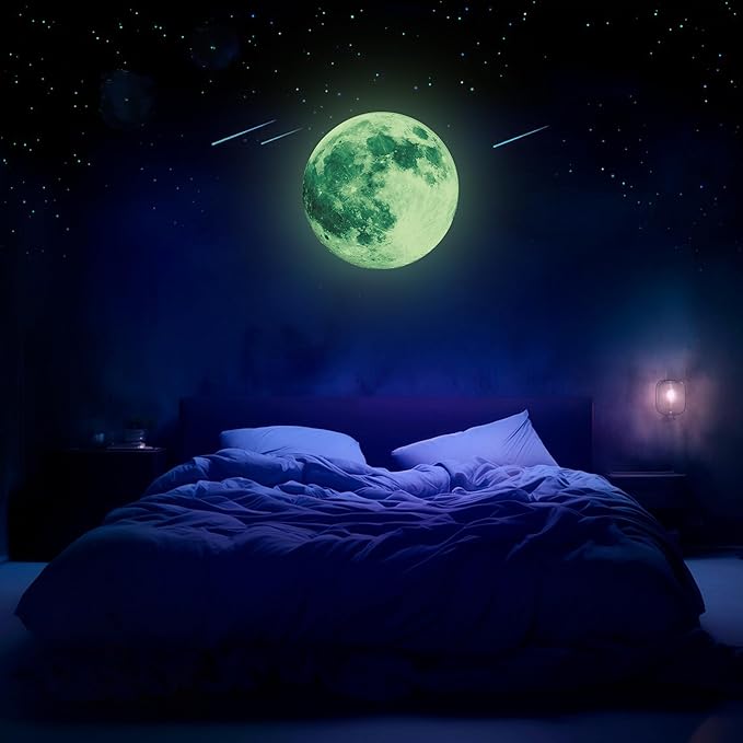 Glow in The Dark Moon,Moon Wall Decals, Ceiling Moon, Galaxy Stickers, Realistic Starry Night(Green)