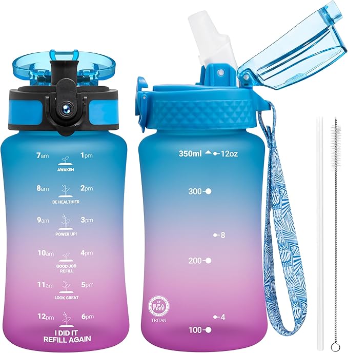 OLDLEY Kids Water Bottle for School, 12 oz (2 lids) BPA-Free Reusable Leak-proof Durable Tritan Plastic Water Bottles with Straw & Chug Lids, Anti-dust Spout Cover (Lake)