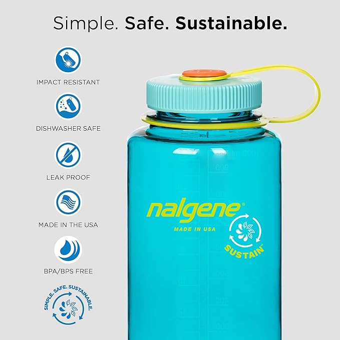 Nalgene Sustain Tritan BPA-Free Water Bottle Made with Material Derived from 50% Plastic Waste, 32 OZ, Wide Mouth