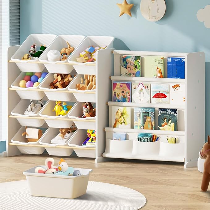 Kids Toy Storage Organizer - Toy Organizer with Kids Bookshelf, Toy Storage with 12 White Toy Bins and 4 Book Shelves, Toy Organizers and Storage for Playroom, Nursery, Kids Room, White