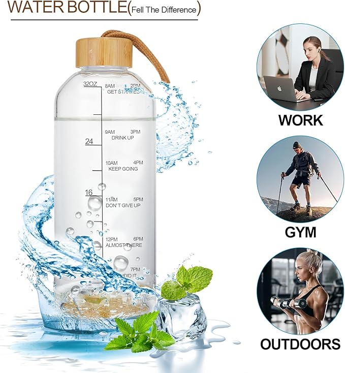 Crazy Music 32 oz Clear Glass Water Bottles,Reusable Glass Juicing Bottles with Bamboo Leak Proof Lids -Sports Water Bottle with Time Marker for Gym, Sports, Outdoors(Gold RosesTheme)