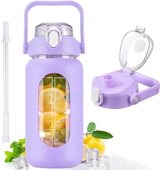 kytffu 42oz Glass Water Bottles with Straw, Motivational Glass Bottle with Silicone Sleeve and Time Marker, Leakproof Large Glass Water Jug for Gym Home Office,Purple