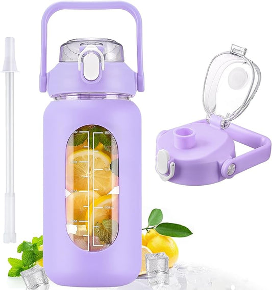 kytffu 42oz Glass Water Bottles with Straw, Motivational Glass Bottle with Silicone Sleeve and Time Marker, Leakproof Large Glass Water Jug for Gym Home Office,Purple