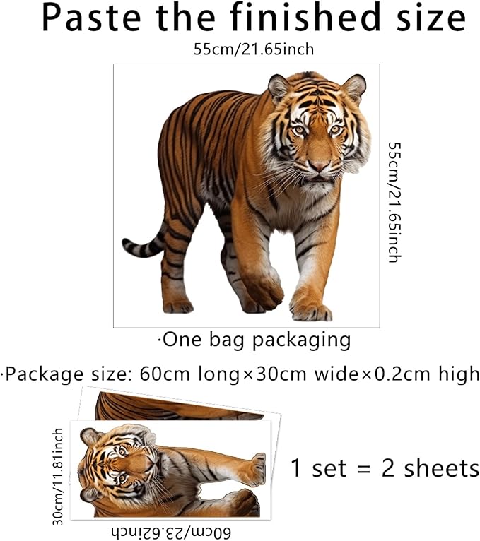 Lifelike Tiger Wall Decal 3D Animals Wall Sticker Safari Wall Decor for Nursery Kid'sroom School Classroom Livingroom Bedroom Bathroom Decoration (Lifelike Tiger 10)