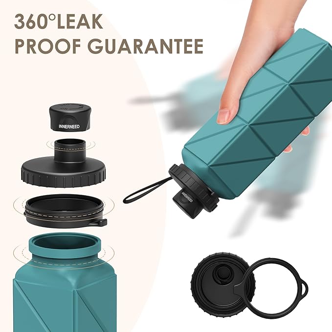 INNERNEED Collapsible Water Bottle, Reuseable BPA Free Silicone Foldable Water Bottles for Travel Gym Camping Hiking, 20.6 fl.oz, Portable, Food-Grade, Leak Proof (1 Pack, Dark Green)