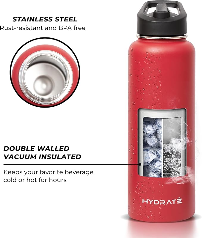 HYDRATE Insulated Stainless Steel Water Bottle - Large Reusable Flask with Leak-Proof Design and Convenient Handle - Double Vacuum Insulation for School, Work, or Adventure
