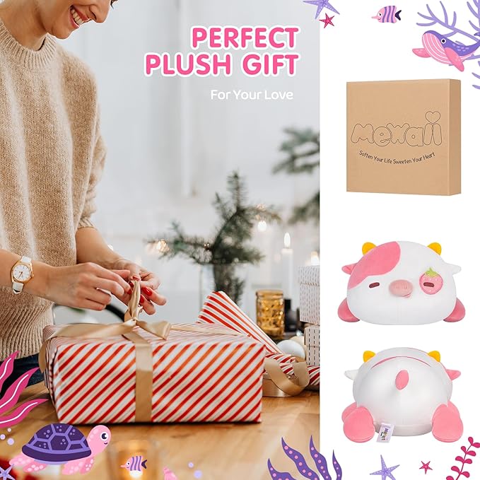 Cute Cow Plush Pillow, Kawaii Plushies Strawberry Cow Stuffed Toys, Squishy Plushies, Cuddle Plush Pillow for Boys & Girls