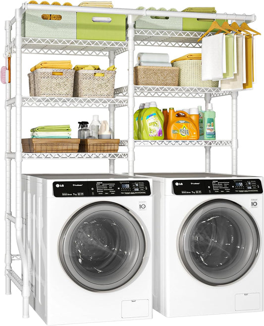 Ulif U13 Medium Over Washer and Dryer Storage Shelves, 6 Tiers Laundry Room Standing Shelf with 2 Hanger Rods, Space Saver Clothes Drying Rack, 57.8" W x 22" D x 77.4" H, White