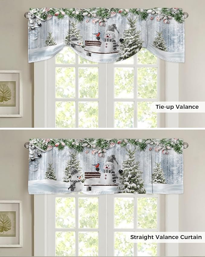 Merry Christmas Blackout Tie Up Valance Curtains for Kitchen Windows Xmas Snowman Snowy Pine Tree Window Toppers Balloon Shades for Living Room/Bathroom/Bedroom,1 Panel, 54" X 18", Blue Winter