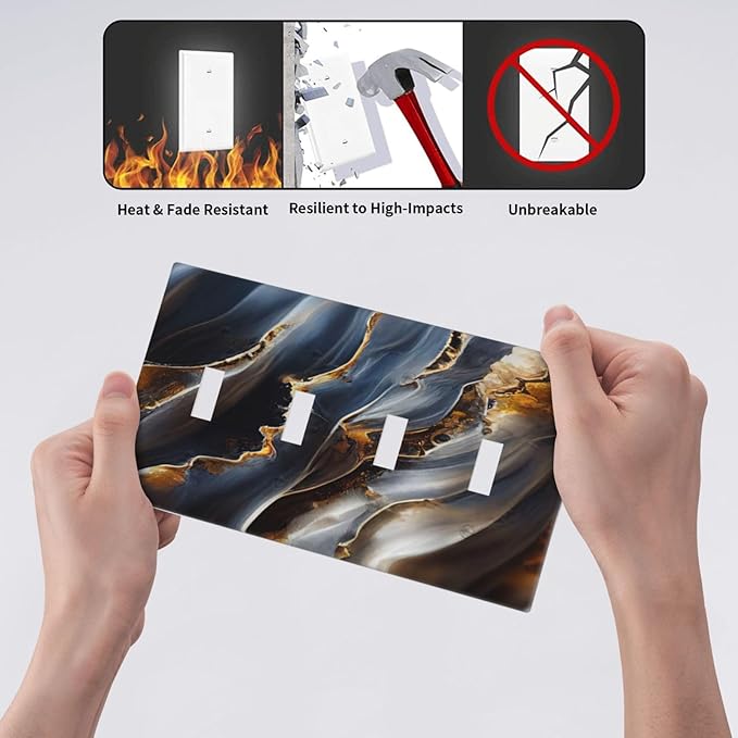 Gradient Abstract Ripple Blue Gold Marble Printed Quad Toggle Light Switch Covers 4 Gang Wall Plate Decorative Switchplate Electrical Faceplate for Kitchen Bathroom Bedroom Decor