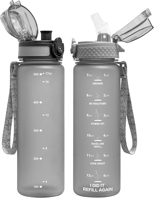 OLDLEY Kids Water Bottle for School, 17 oz (2 lids) BPA-Free Reusable Leak-proof Durable Tritan Plastic Water Bottles with Straw & Chug Lids, Anti-dust Spout Cover (Grey)