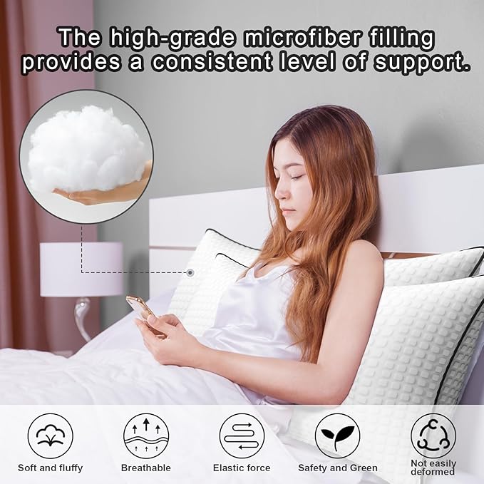 Bed Pillows for Sleeping Queen Size Set of 4,Cooling Breathable Pillows for Side and Back Sleepers Down Alternative Filling Luxury Soft