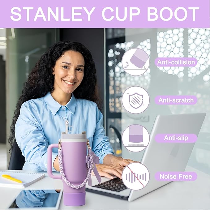 Stanley Cup Accessories Set- Water Bottle Handle Strap, Stanley Cup Protective Silicone Boot, Bow Design Stanley Charms for Stanley Cup 40oz /30 oz Tumbler Purple Stanley Cup Accessories