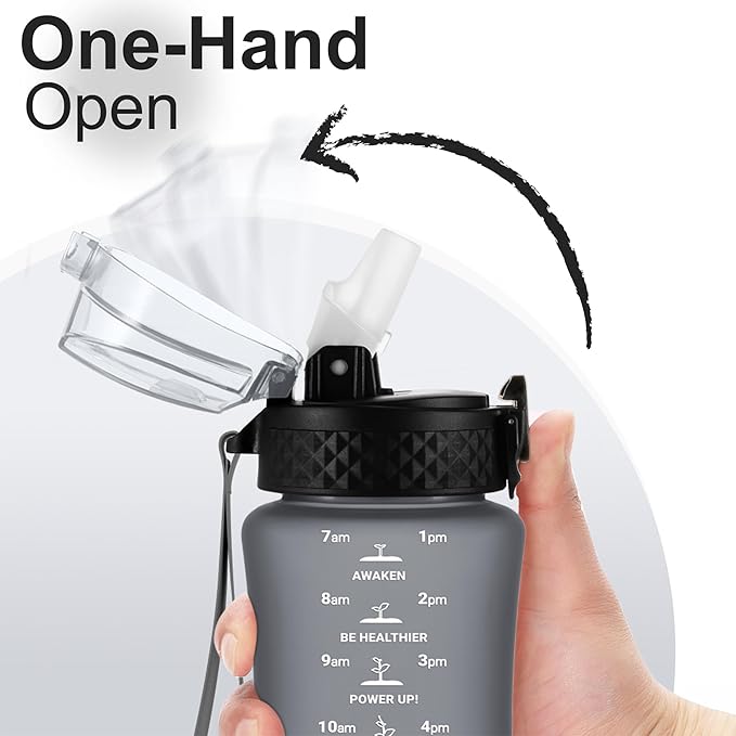 GOPPUS Kids Water Bottle with Straw Spout Lid 10pcs Stickers 12 oz Leak-proof BPA Free Motivational Time Marker Tritan Plastic Water Bottles for Girls Boys School Sports