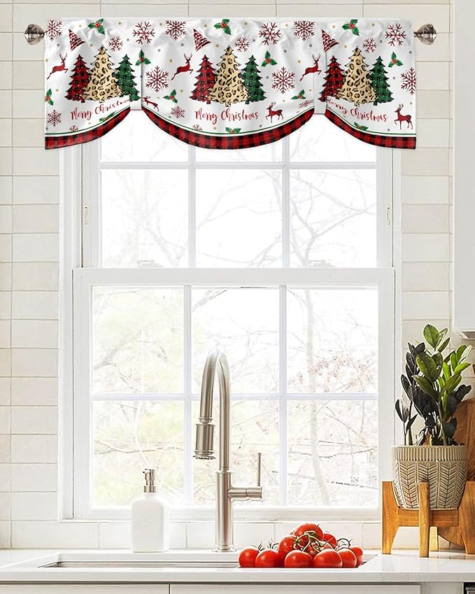Merry Christmas Blackout Tie Up Valance Curtains for Kitchen Windows Farm Christmas Tree Buffalo Plaid Leopard Window Toppers Balloon Shades for Living Room/Bathroom/Bedroom,42" X 18" Holiday Decor