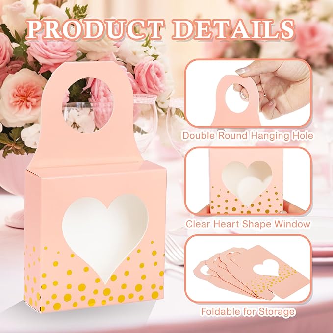 ISKYBOB 25 Pieces Wine Bottle Box with Window, Kraft Paper Wine Boxes for Gifts Hanging Wine Bottle Gift Box Foldable Wine Bottle Hanger Favor Box for Holding Candy Truffles Chocolate Cookies (Pink)