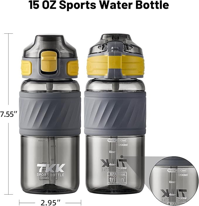 TKK 15oz Sports Water Bottles with Removable Straw Durable BPA Free Tritan Bottles Leak-Proof Water Bottles for School, Fitness, Gym, Outdoor, Grey