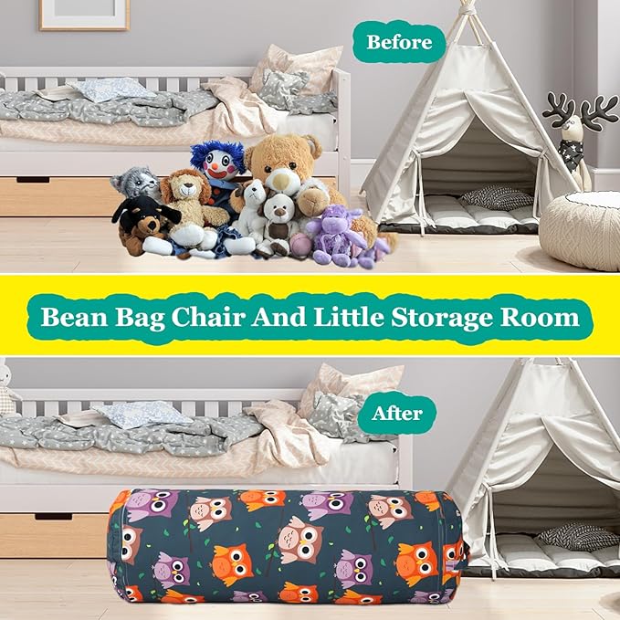 Stuffed Animal Bean Bag Storage Chair for Kids Cover Only (No Filler), Organize, Sit, Play & Boxing, 100% Cotton Canvas Washable, Ultra Soft Cylinder Long Vertical Zipper Best Gift for Child