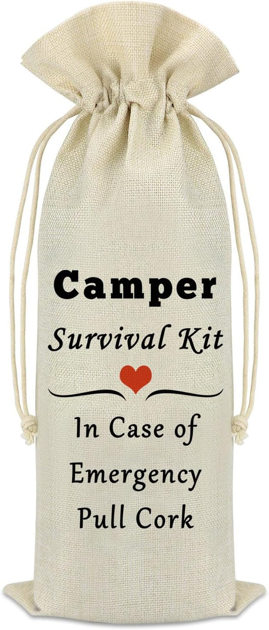 Camper Wine Bag Camping Gift for Camper Funny Camping Wine Bag Gifts Camper Gifts for Men Women Camper Accessories for Travel Trailers Birthday Christmas Graduation Gift Burlap Wine Bottle Cover Bag