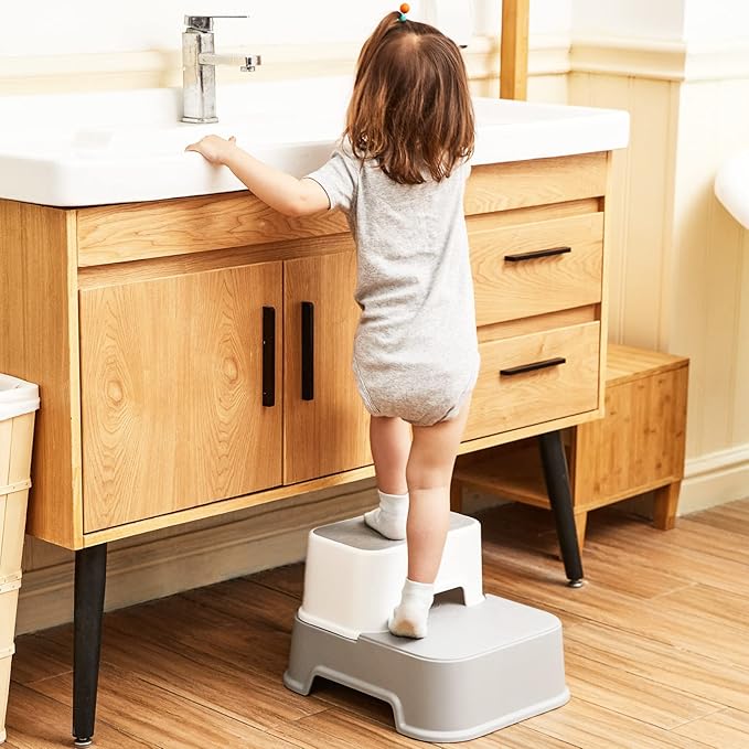 2 Step Stool for Kids (2 Packs),Double up Step Stool for Bathroom,Potty Training,Toilet Stool, Slip Resistant,Two Step Stool for Sink(Grey)