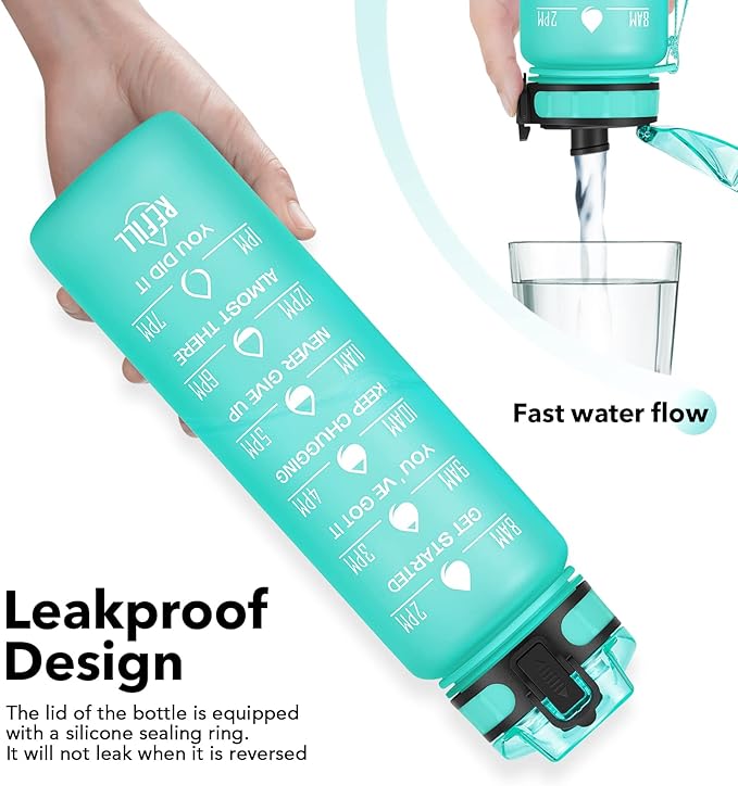 32oz Motivational Water Bottle with Time Marker & Fruit Strainer, Leak-proof BPA Free Non-Toxic Bottle with Carrying Strap, Perfect for Fitness, Gym and Outdoor Sports