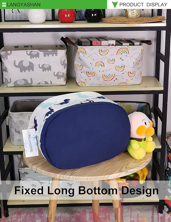 LANGYASHAN Oval Storage Basket Collapse Canvas Fabric Cartoon Storage Bin with Handles for Organizing Home Kitchen Boys and Girls Toy Office Closet Shelf Baskets (Dinosaur)