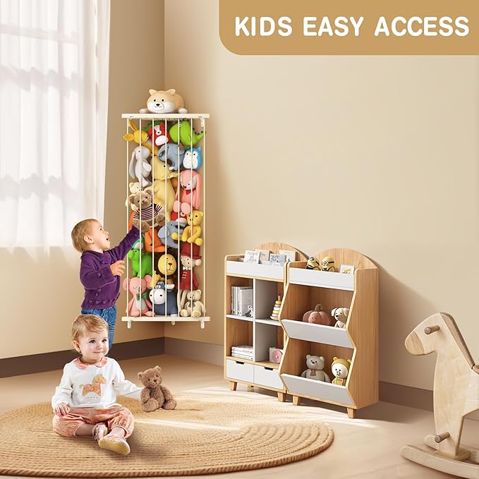 Stuffed Animal Storage Toy Organizer - Corner Stuff Animal Holder for Kids with Light - Wall r Plush Toys Holder with Length Adjustable for Nursery Playroom Bedroom (Ivory)