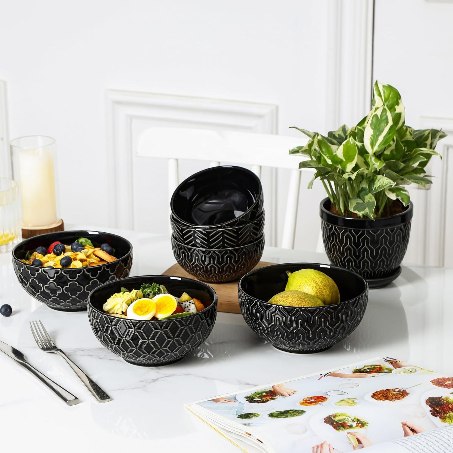 Sureasy Ceramic Cereal Bowls Set of 4, 5.9 Inch Deep Soup Bowls for Kitchen, 25 oz Embossed Stoneware Bowls for Pasta, Salad, Oatmeal, Noodle, Ramen, Microwave Dishwasher Safe, Set of 4, Black