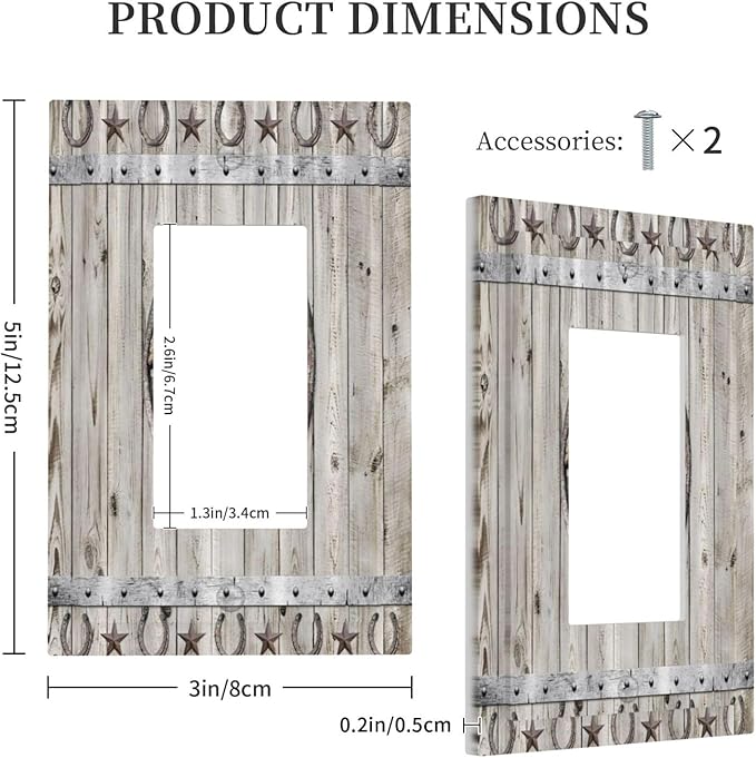 Rustic Western Wood Barn Door Horseshoe Iron Star 1 Gang Rocker Light Switch Covers Single Decora Outlet Wall Plate Decorative Switchplate Faceplate GFCI for Farmhouse Country Bedroom Decor