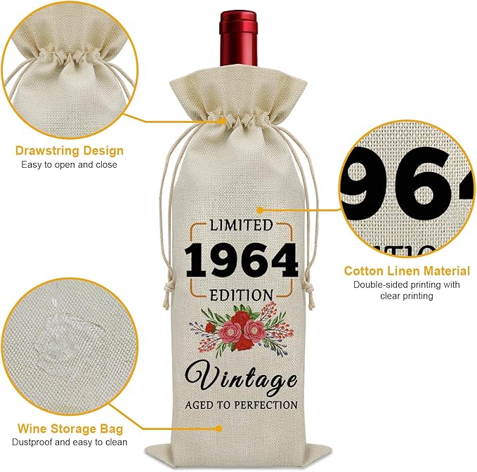 60th Birthday Gifts for Women Born in 1964 Wine Bag 60 Year Old Birthday Gifts for Men Gag Gifts for Someone Turning 60 Wine Bottle Storage Bag Birthday Presents for Mom Dad