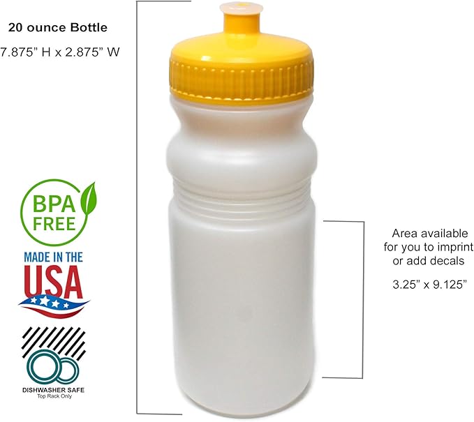 Rolling Sands 20 Ounce Sports Water Bottles 24 Pack, BPA-Free, Made in USA, Dishwasher Safe, Clear Frost/Yellow