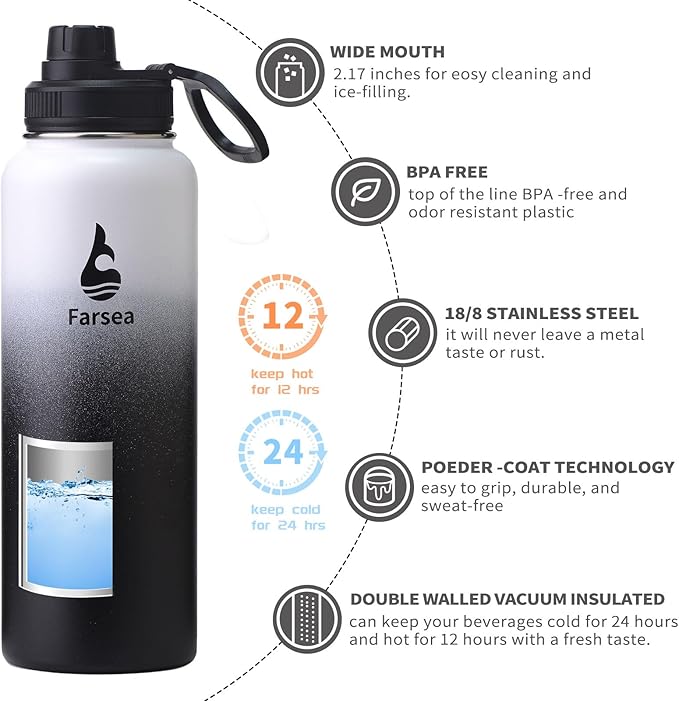 Farsea Insulated Water Bottle With Paracord Handle, Protective Boot and 2 Lids (Straw Lid & Spout Lid), Stainless Steel Water Bottle Wide Mouth, Double Wall Sweat-Proof BPA-Free, 40 oz