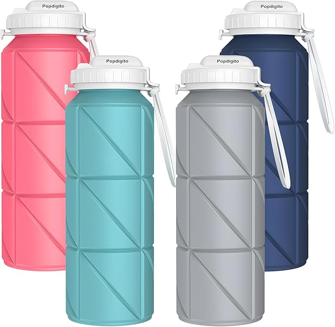 4 pack Collapsible Water Bottles Reusable Leakproof Silicone Water Bottle BPA Free Durable Foldable Sports Bottles & straw 23oz Lightweight Bottle
