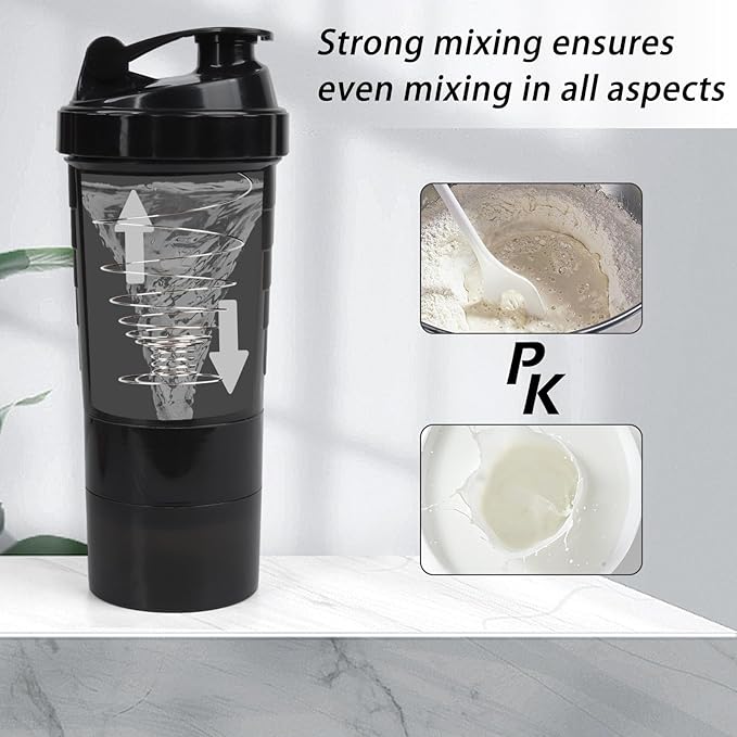 Shaker Bottle - Protein Shaker Cup with Storage Compartments - Leak-proof Workout Shake Bottles with Mixer for Smooth Mixing-500ML/16oz (PURE BLACK)