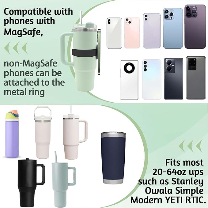 Watter Bottle with Magsafe Phone Holder, Magnetic Holder Adjustable Strap Compatible with Stanley Tumbler Cup Owala 32oz for iPhone Android Devices 2x Metal Iron Ring (Black)