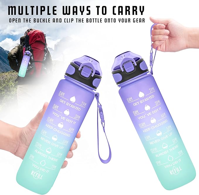 Enerbone 32 oz Drinking Water Bottle with Times to Drink and Straw, Motivational with Carrying Strap, Leakproof BPA & Toxic Free, Ensure You Drink Enough Water for Fitness Gym Outdoor